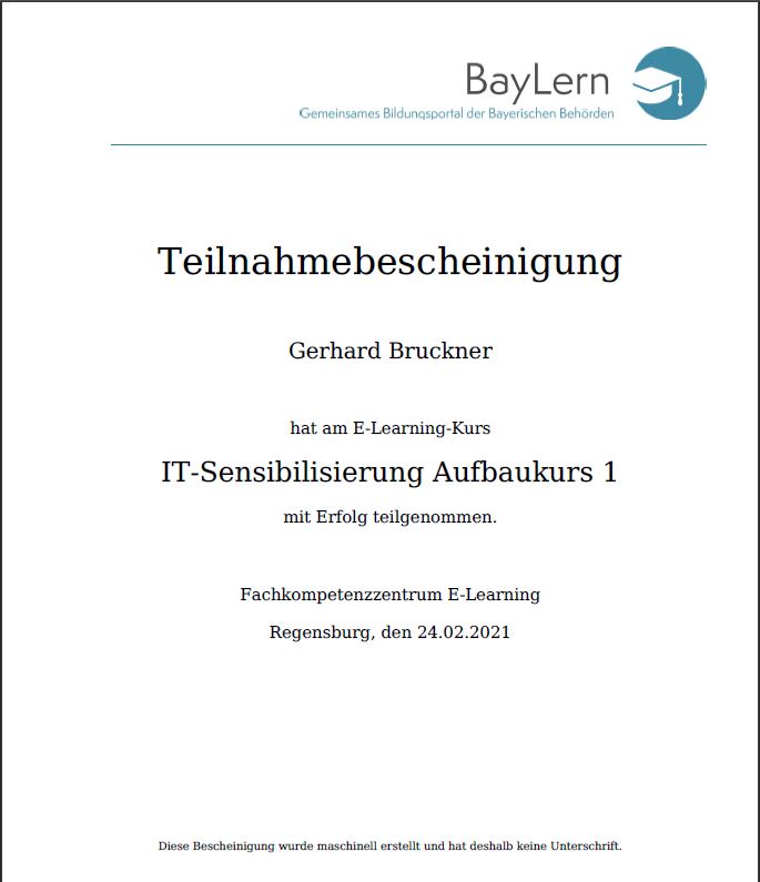 IT-Sensibilisierung Aufbaukurs - Teilnahmebescheinigung Gerd Bruckner